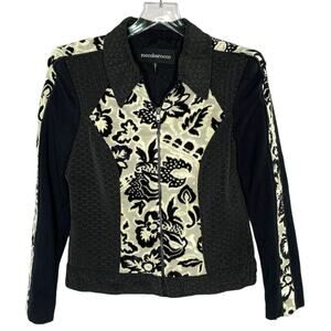 Rocco Barocco 8 Black Cream Embroidered Floral Zip Jacket Textured Tapestry 90s